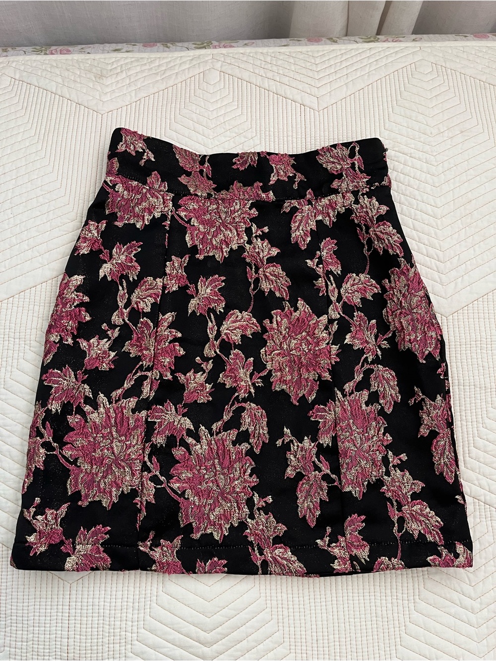 For Love & Lemons Black Mini Skirt with Pink Floral Jacquard